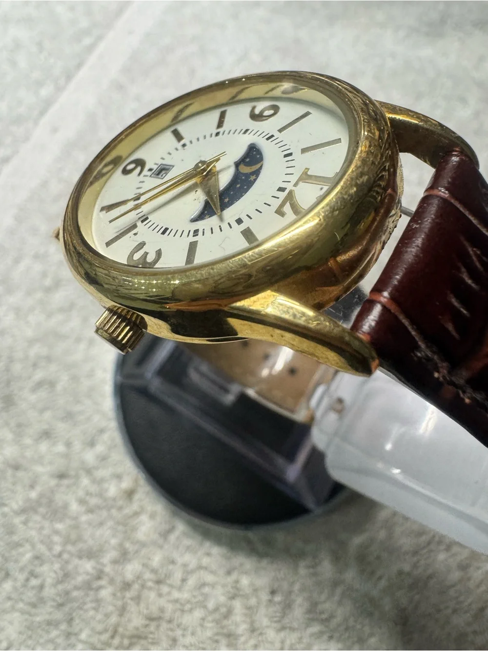 Classic Moonphase Gold-Tone Men’s Watch with Brown Leather Strap